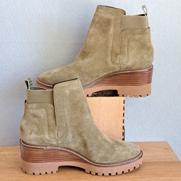 Vince Camuto Dendra Utility Green Suede Wedge Gore Boots Ankle Heeled 40 9 - Picture 5 of 13